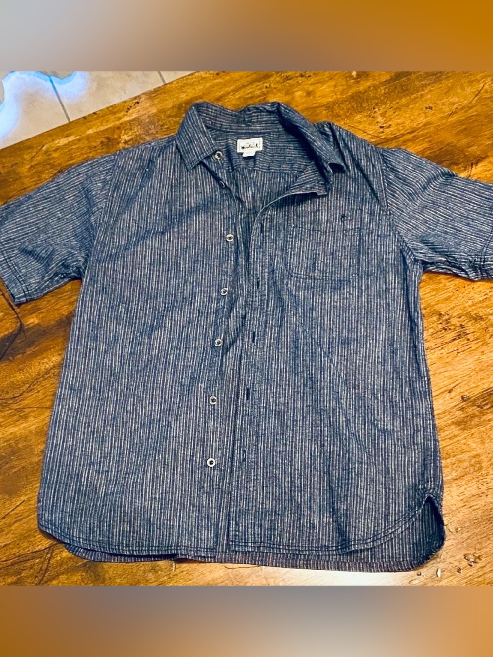 Woolrich Men's Large Navy Blue and White Striped Button-Down Hemp Shirt